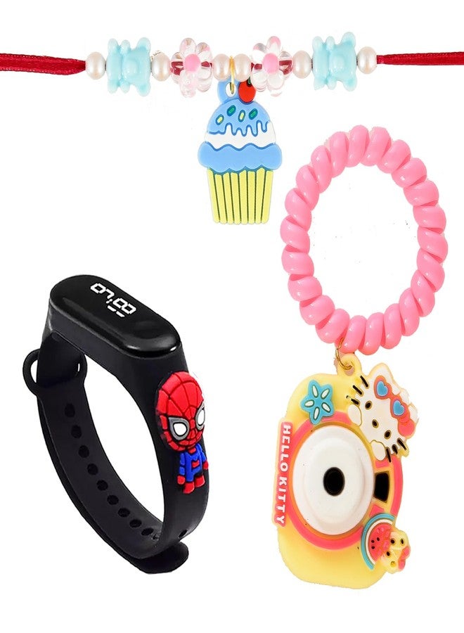 brown leaf Pack Of 3 Beautiful Design Kids Rakhi Bracelets Set With Cartoon Watch For Little Brother Sister Rakshabandhan favor (Design 1) - Image 1